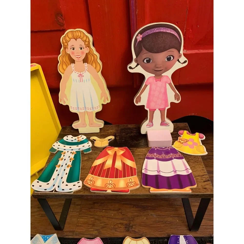 Melissa & Doug 38 Pieces Wooden Magnetic Dress Up Dolls Doc McStuffins More EUC